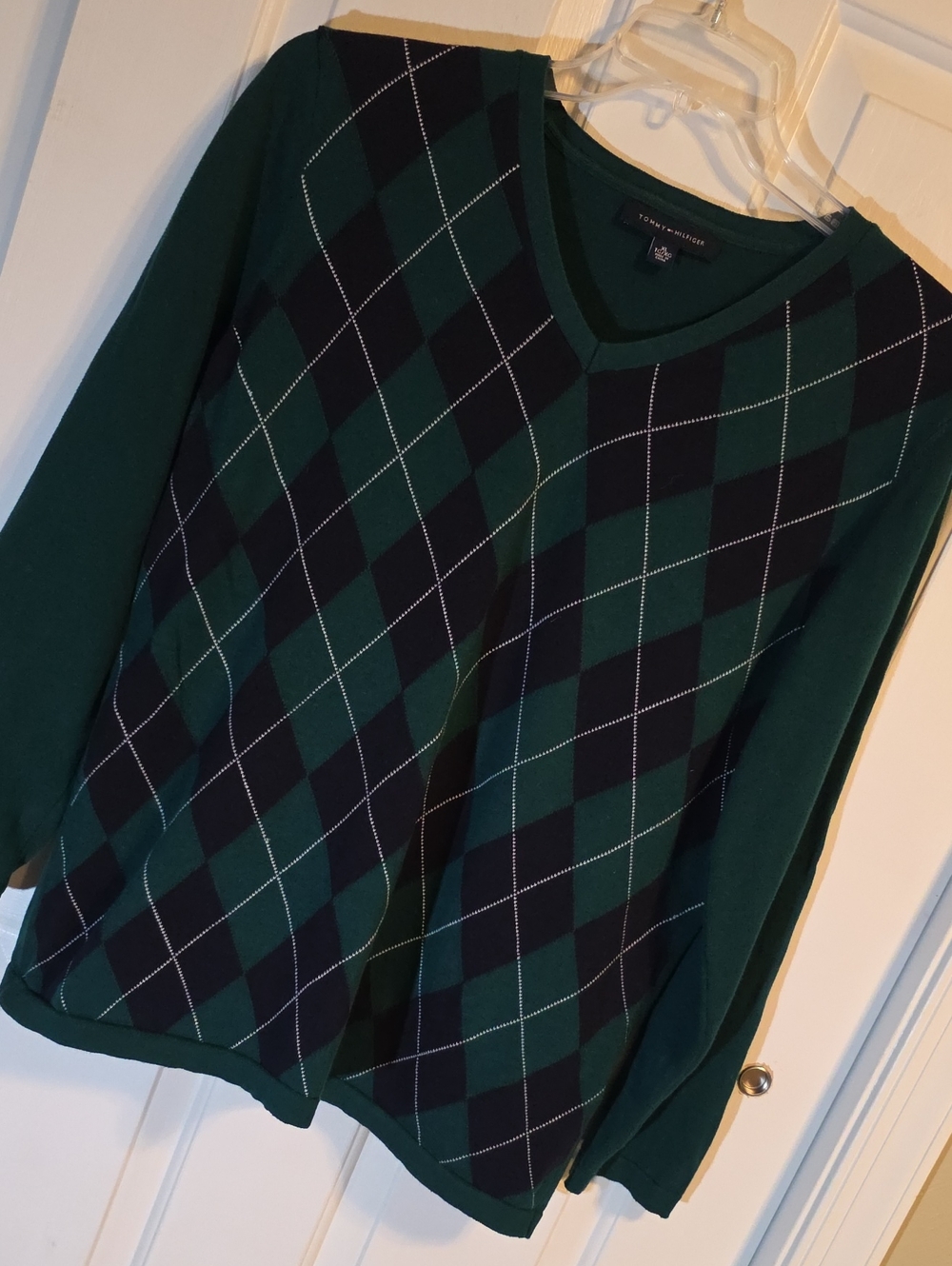Tommy Hilfiger Green and Navy Argyle V-Neck Sweater